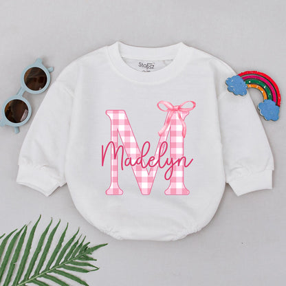 Personalized Madelyn Romper Gingham Letter M Pink Bow 1st Birthday Outfit Baby Girl Bodysuit Gift, Soft Cotton Turning One, Shower Gift Idea (138 chars)