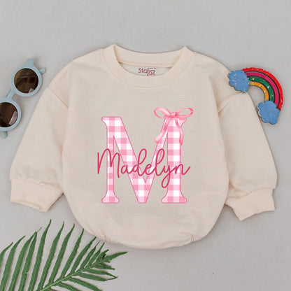 Personalized Madelyn Romper Gingham Letter M Pink Bow 1st Birthday Outfit Baby Girl Bodysuit Gift, Soft Cotton Turning One, Shower Gift Idea (138 chars)