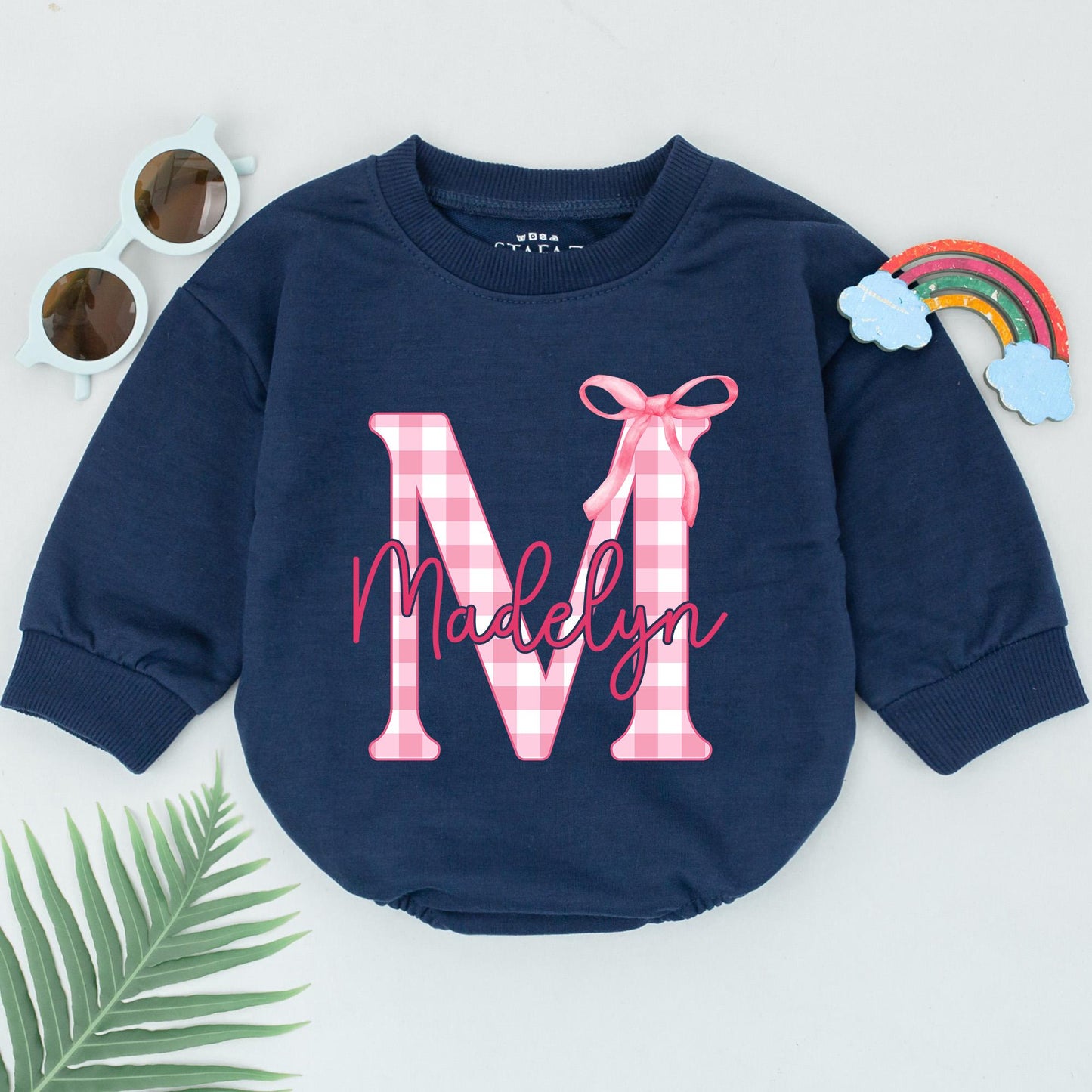 Personalized Madelyn Romper Gingham Letter M Pink Bow 1st Birthday Outfit Baby Girl Bodysuit Gift, Soft Cotton Turning One, Shower Gift Idea (138 chars)