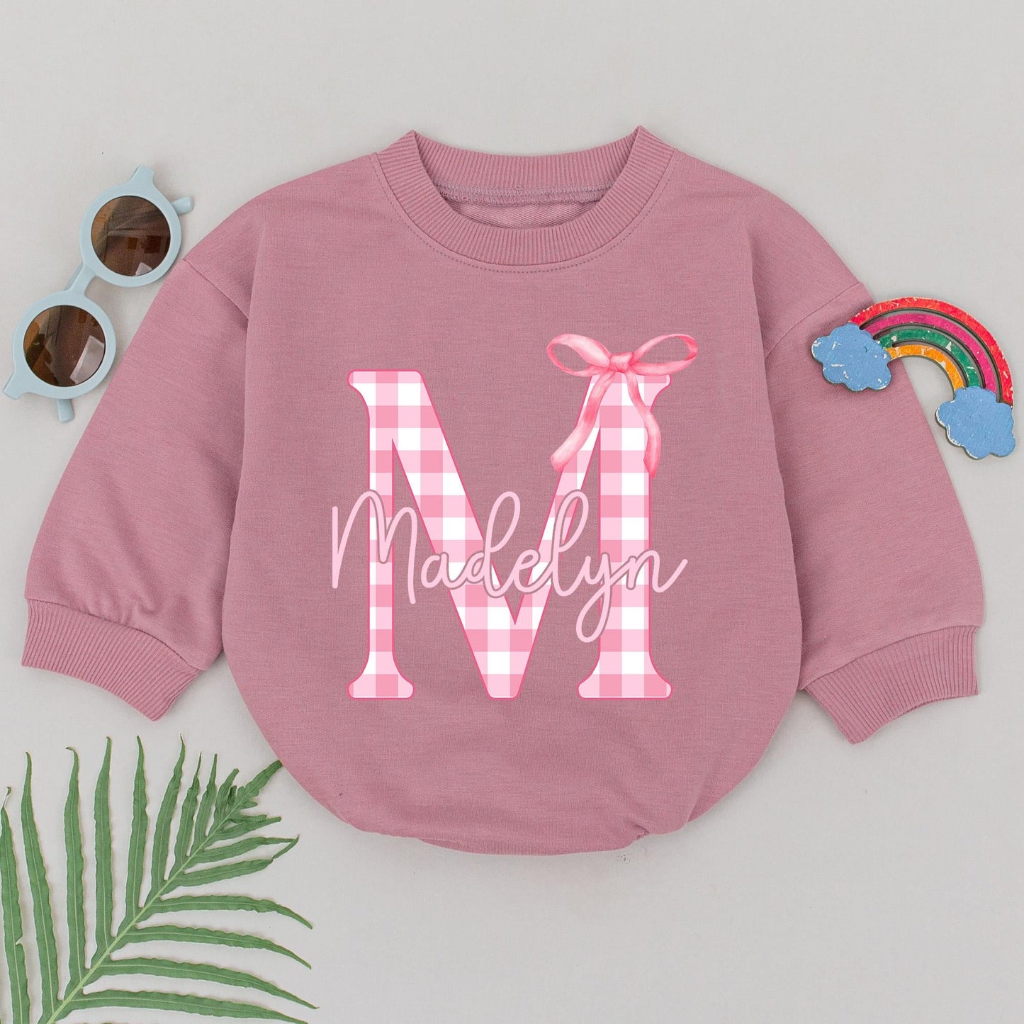 Personalized Madelyn Romper Gingham Letter M Pink Bow 1st Birthday Outfit Baby Girl Bodysuit Gift, Soft Cotton Turning One, Shower Gift Idea (138 chars)