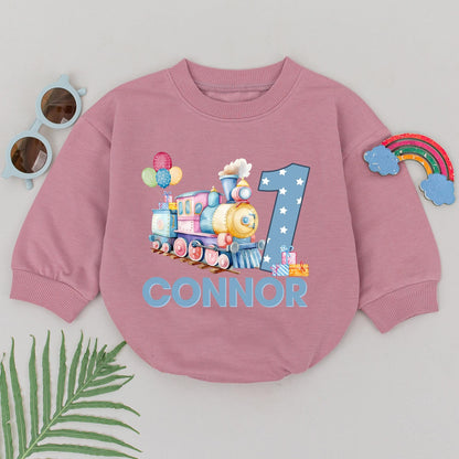 Chugga Chugga 1st Birthday Train Romper for Baby Boy Pastel Train Balloons & Gifts Custom Name Party Outfit 136 Chars