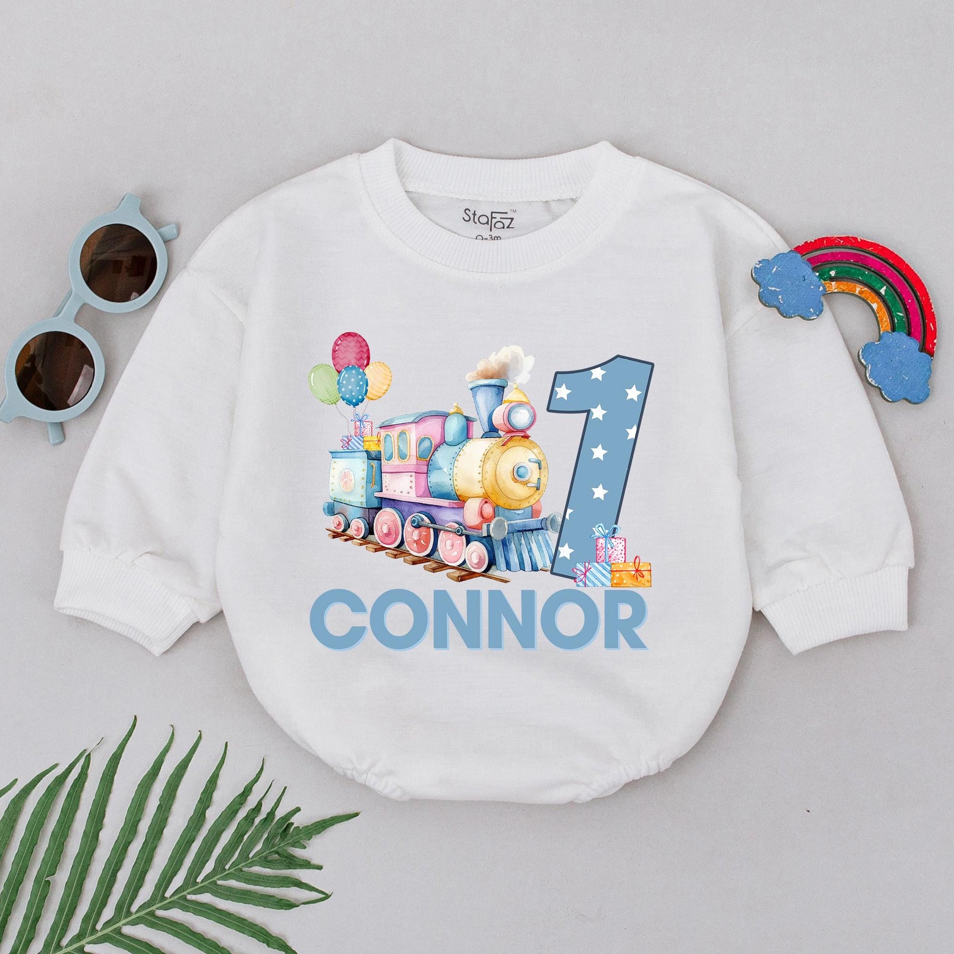Chugga Chugga 1st Birthday Train Romper for Baby Boy Pastel Train Balloons & Gifts Custom Name Party Outfit 136 Chars