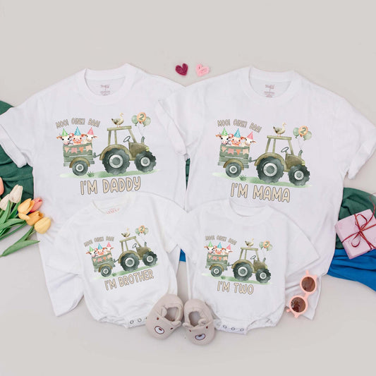 Farm 2nd Birthday Matching Family Shirts Tractor Animals Balloons MOO OINK BAA Daddy Mama Brother Two Tee