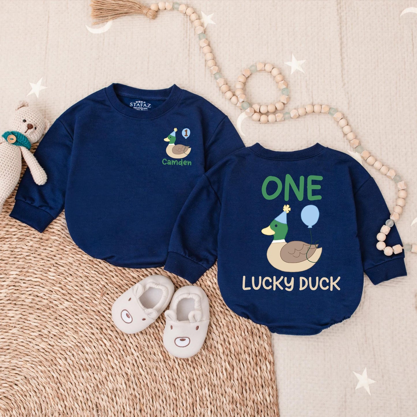 Personalized One Lucky Duck Baby Romper - Cute Mallard Duck Baby Clothes for First Birthday, Trending Animal Gift