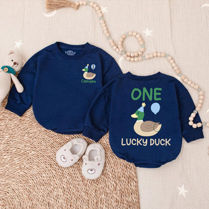Personalized One Lucky Duck Baby Romper - Cute Mallard Duck Baby Clothes for First Birthday, Trending Animal Gift