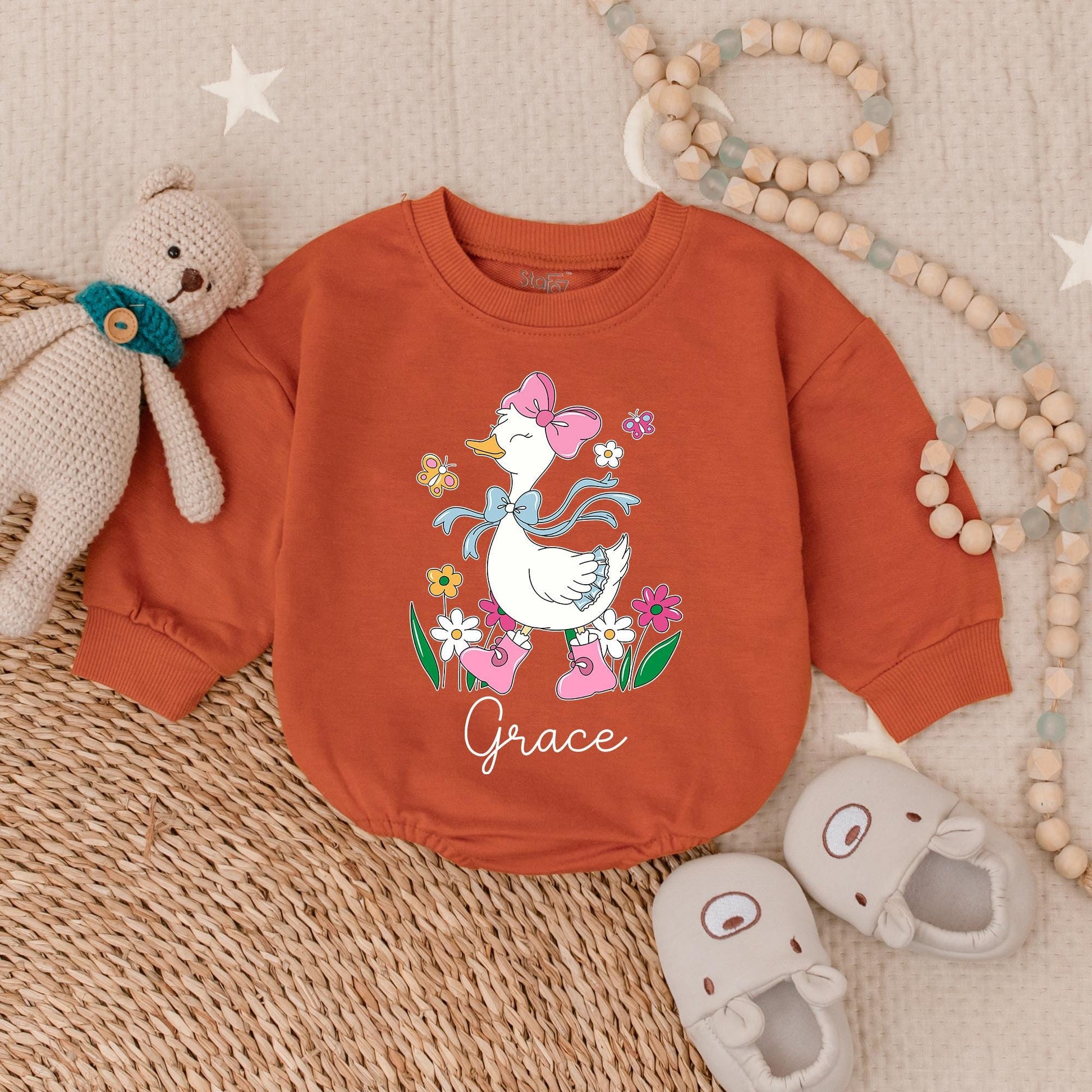 Pink Goose Baby Girl Romper, Spring Floral Design, Newborn Gift, Coming Home Outfit, Funny Animal Clothes, Goose Bay Style