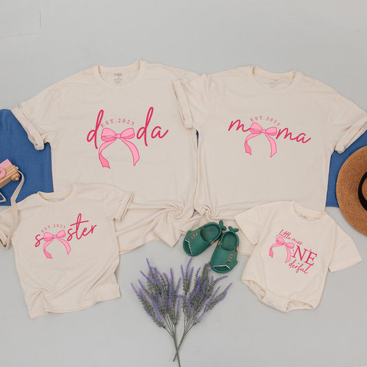 Pink Bow First Birthday Shirt for Girls Matching Family Coquette Birthday Party Outfit Mama Baby 1st Birthday Celebration