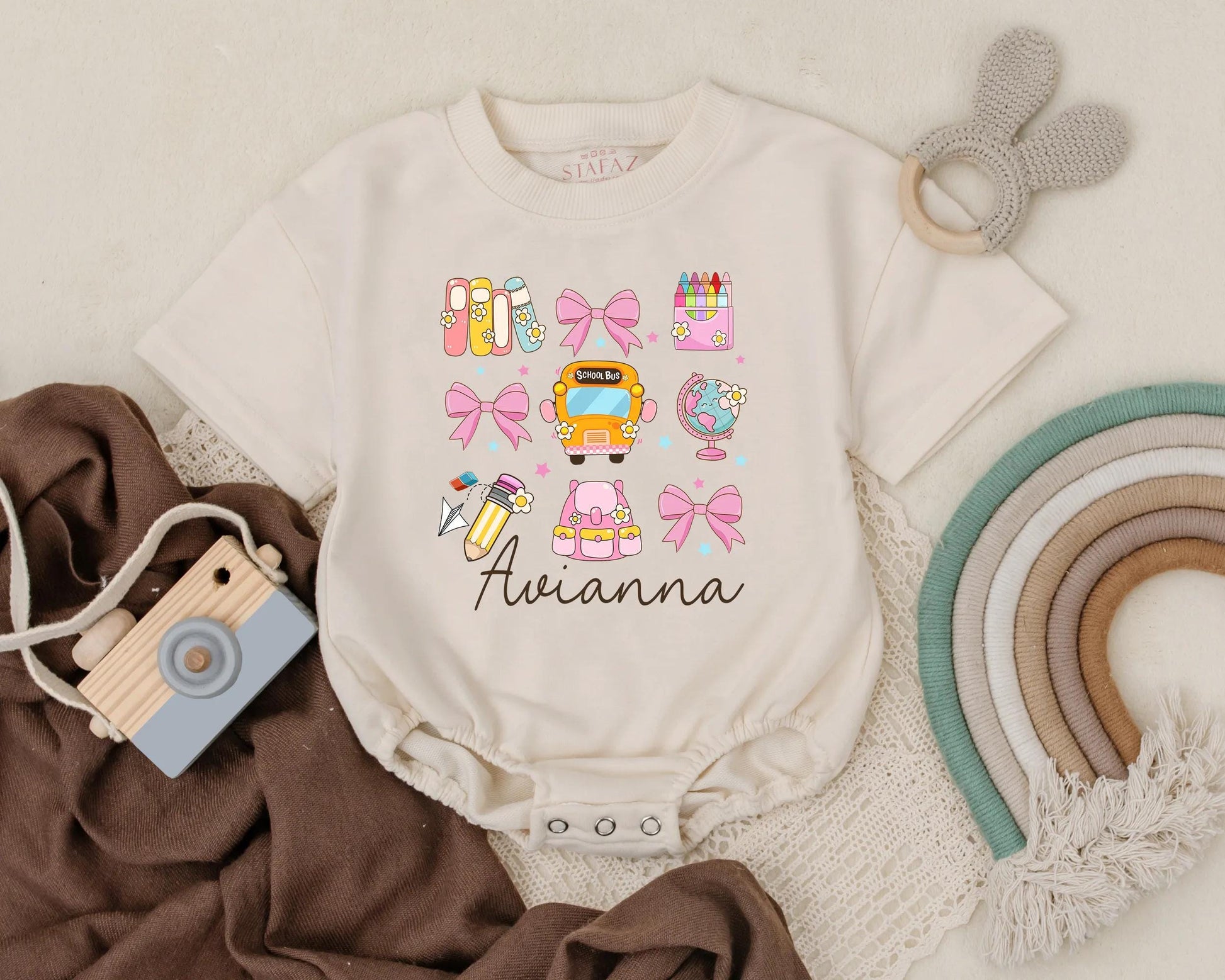 Personalized Back to School Bubble Romper Custom Name Infant Preschool Bodysuit Cute First Day School Clothes