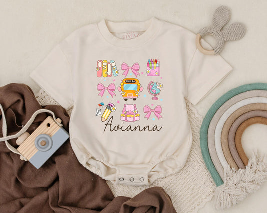 Personalized Back to School Bubble Romper Custom Name Infant Preschool Bodysuit Cute First Day School Clothes