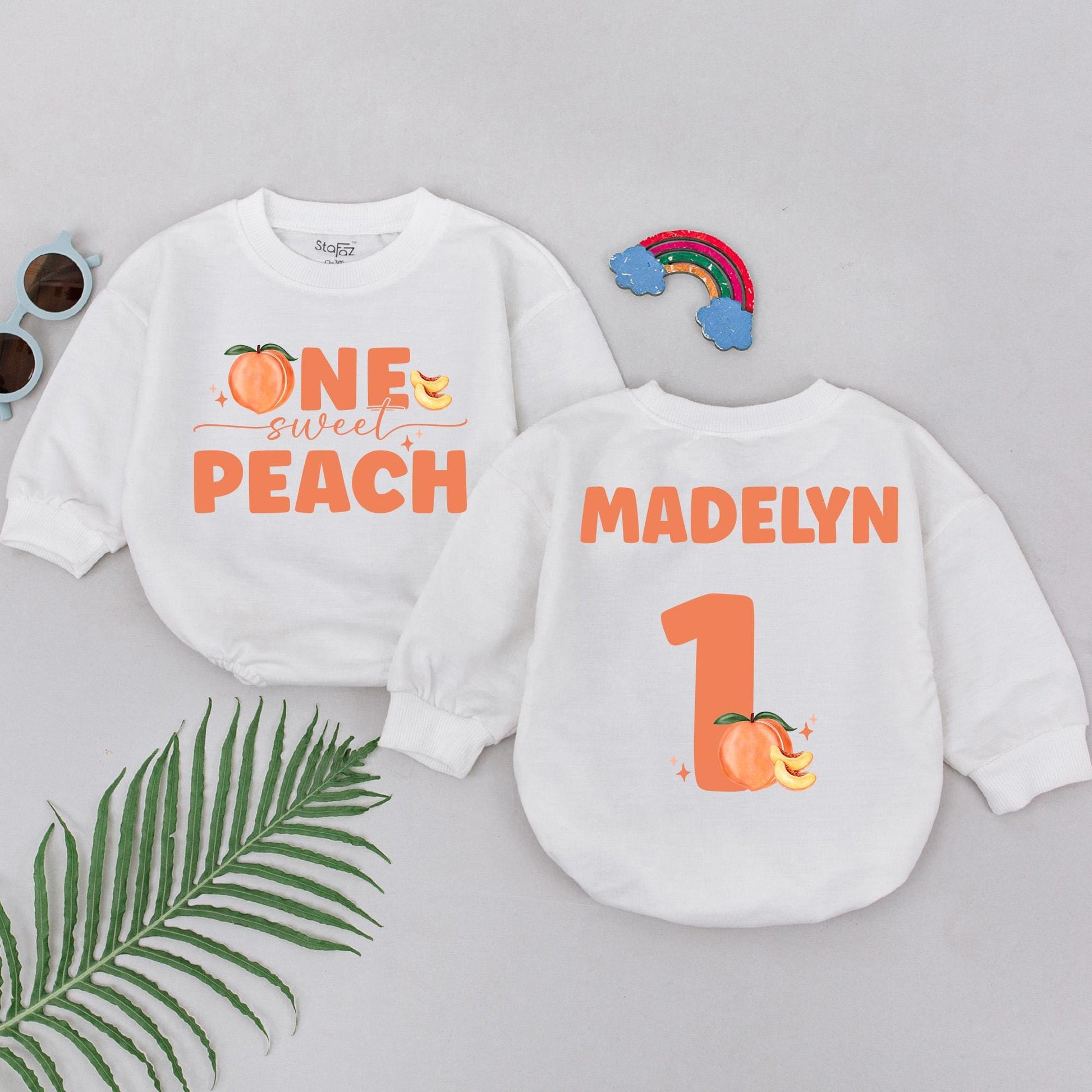 Personalized One Sweet Peach Romper for Girl Madelyn's 1st Birthday Outfit Peach Fruit Theme Baby Shower Gift Newborn Sweet One