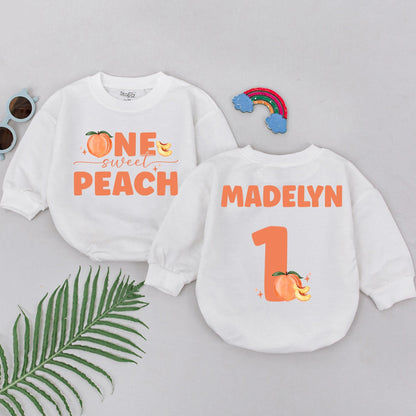 Personalized One Sweet Peach Romper for Girl Madelyn's 1st Birthday Outfit Peach Fruit Theme Baby Shower Gift Newborn Sweet One