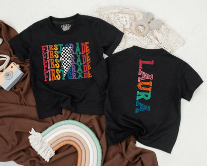 Personalized First Grade Rainbow Lightning Bolt Shirt for Girls or Boys - 1st Grade Name Tee Back to School Gift