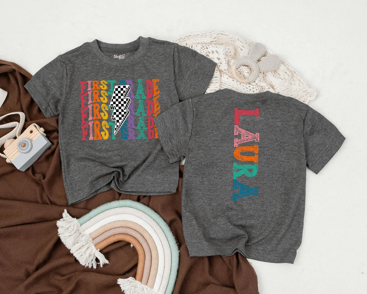 Personalized First Grade Rainbow Lightning Bolt Shirt for Girls or Boys - 1st Grade Name Tee Back to School Gift
