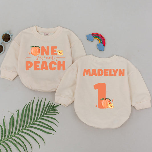 Personalized One Sweet Peach Romper for Girl Madelyn's 1st Birthday Outfit Peach Fruit Theme Baby Shower Gift Newborn Sweet One