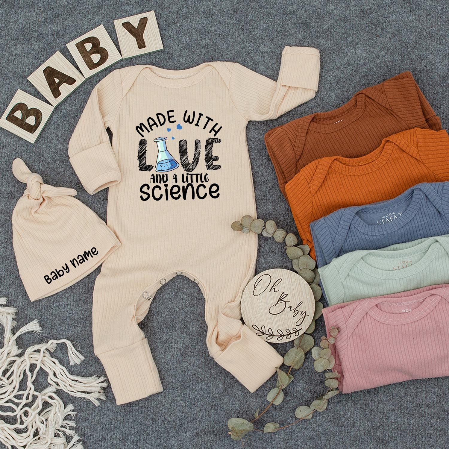 Made with Love & Science Baby Bodysuit Hat Set | Cute Infant Outfit Newborn Gift, Baby Shower Present, Gender Neutral Clothes, Little Science Outfit 134