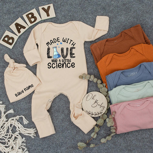 Made with Love & Science Baby Bodysuit Hat Set | Cute Infant Outfit Newborn Gift, Baby Shower Present, Gender Neutral Clothes, Little Science Outfit 134