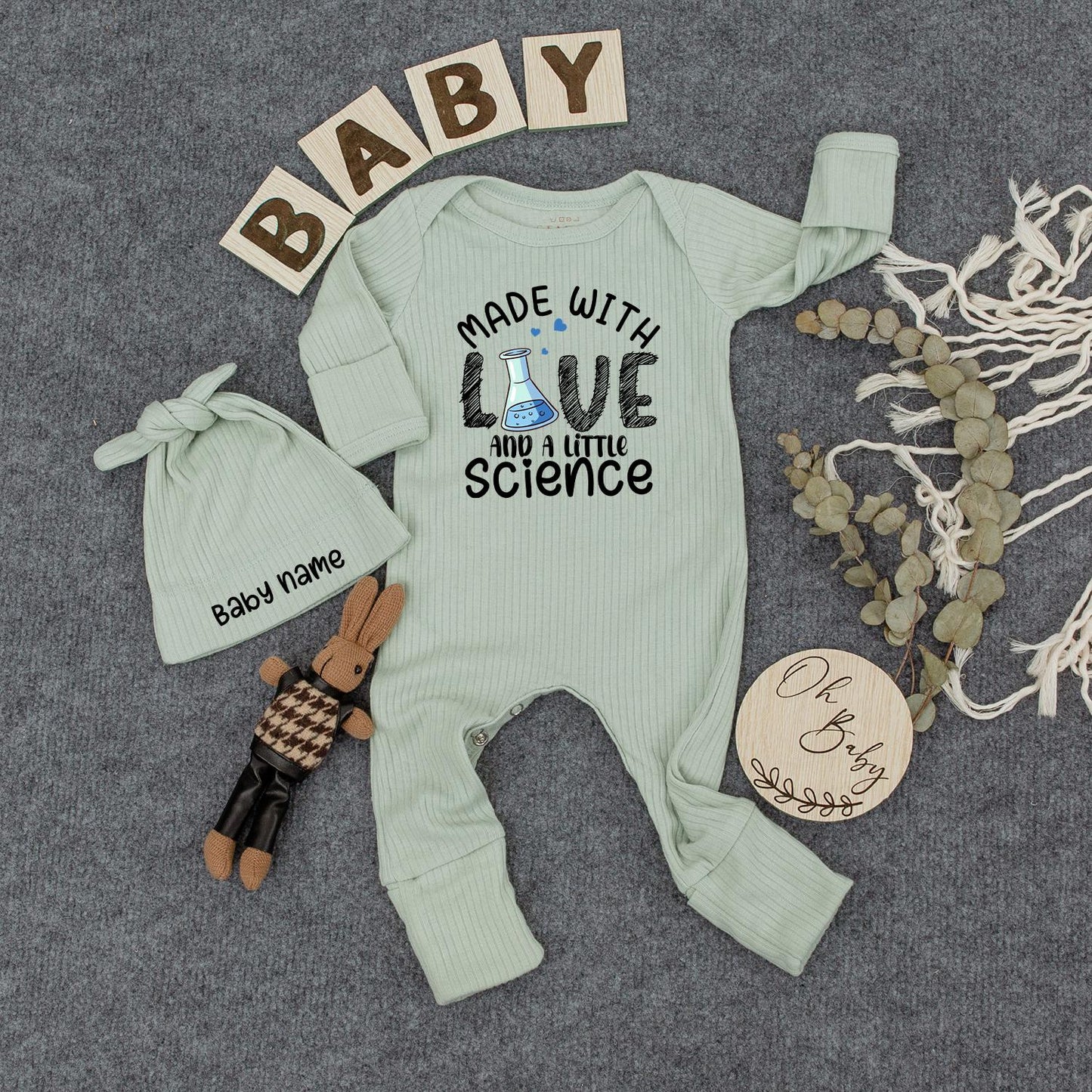 Made with Love & Science Baby Bodysuit Hat Set | Cute Infant Outfit Newborn Gift, Baby Shower Present, Gender Neutral Clothes, Little Science Outfit 134