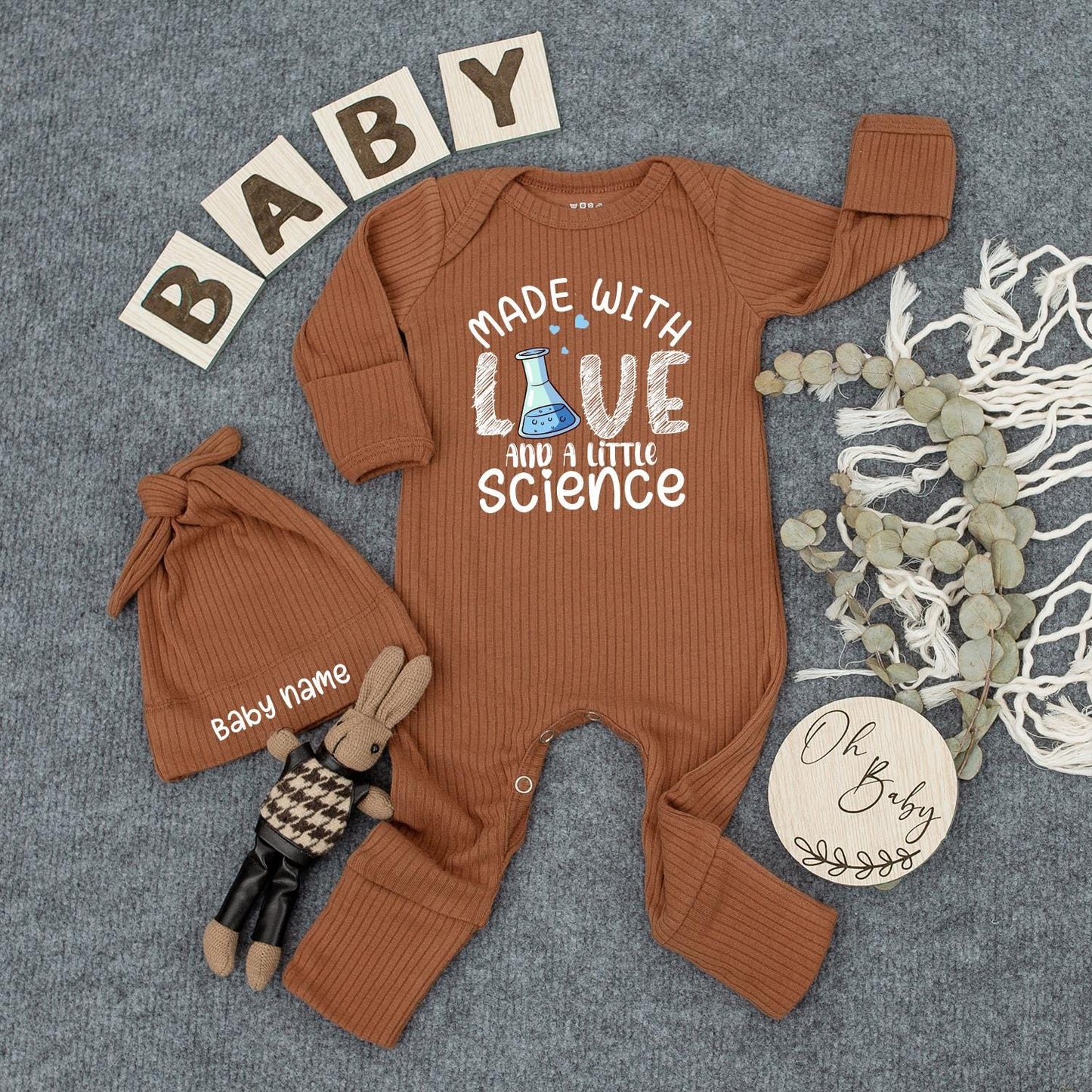 Made with Love & Science Baby Bodysuit Hat Set | Cute Infant Outfit Newborn Gift, Baby Shower Present, Gender Neutral Clothes, Little Science Outfit 134