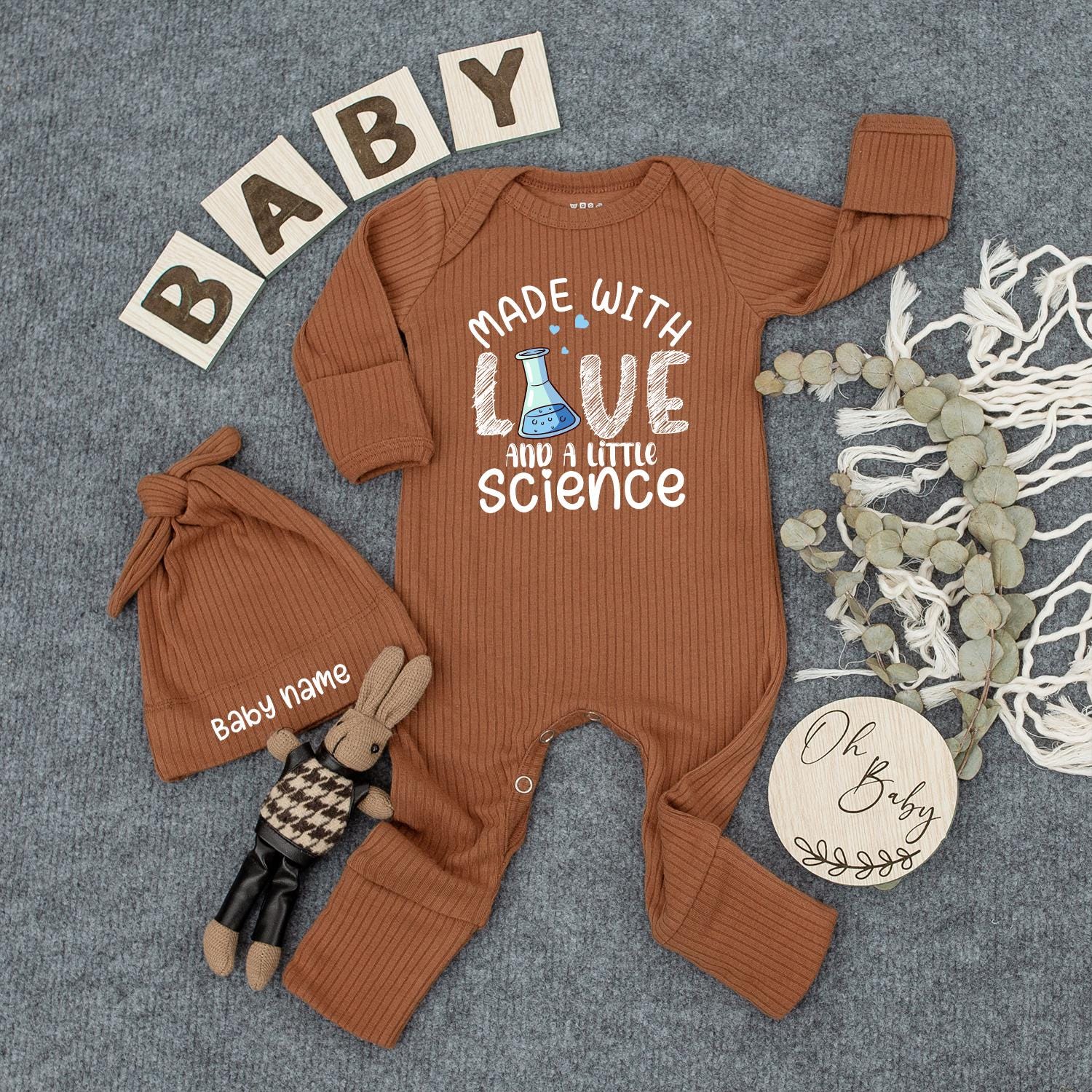 Made with Love & Science Baby Bodysuit Hat Set | Cute Infant Outfit Newborn Gift, Baby Shower Present, Gender Neutral Clothes, Little Science Outfit 134