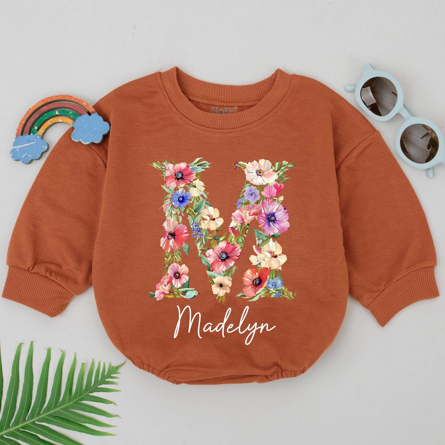 Baby Girl Romper Personalized Floral Letter M & Name Madelyn Newborn Going Home Outfit Custom Infant Shower Gift