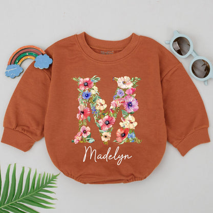 Baby Girl Romper Personalized Floral Letter M & Name Madelyn Newborn Going Home Outfit Custom Infant Shower Gift