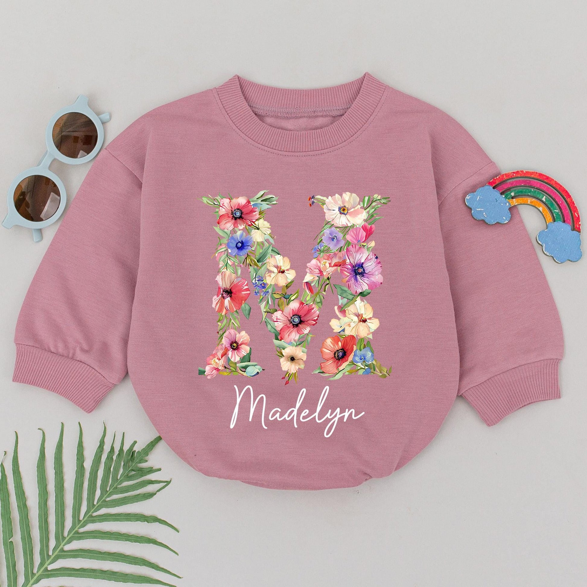 Baby Girl Romper Personalized Floral Letter M & Name Madelyn Newborn Going Home Outfit Custom Infant Shower Gift