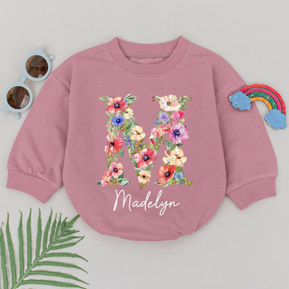 Baby Girl Romper Personalized Floral Letter M & Name Madelyn Newborn Going Home Outfit Custom Infant Shower Gift