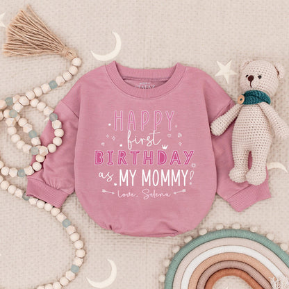 Happy 1st Birthday as my Mommy Baby Romper, Selena's First Birthday Outfit, Cute Birthday Girl Bodysuit, Mommy's Gift, Star & Hearts Design (137 chars)