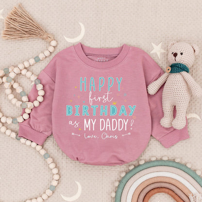 Happy 1st Birthday Daddy Baby Boy Romper - Teal & Black Design with 'Love, Chris' Cute Birthday Gift for Dad! Personalized Bodysuit Outfit