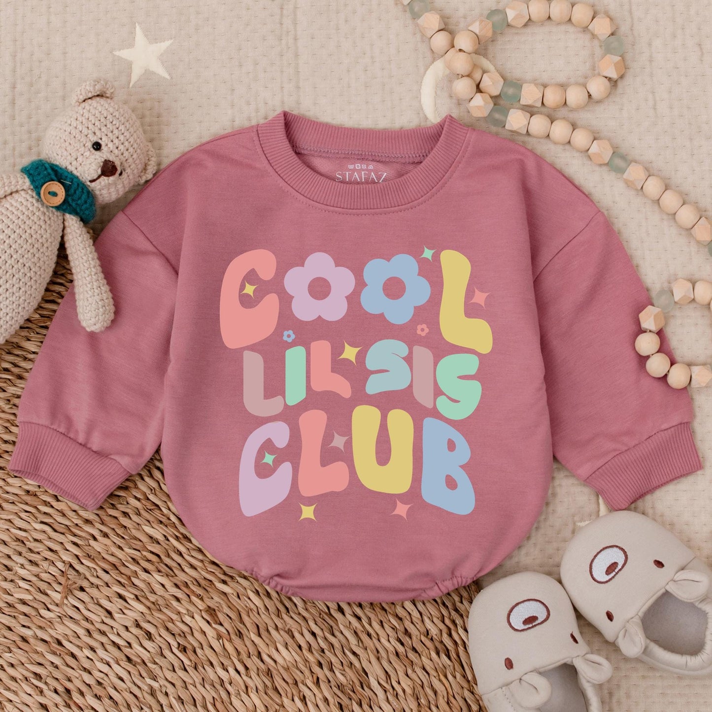 Cool Lil Sis Club Baby Romper with Floral Design - Little Sister Clothes Birthday Gift Baby Shower Gift for Newborn Girls, Bubble Romper Outfit