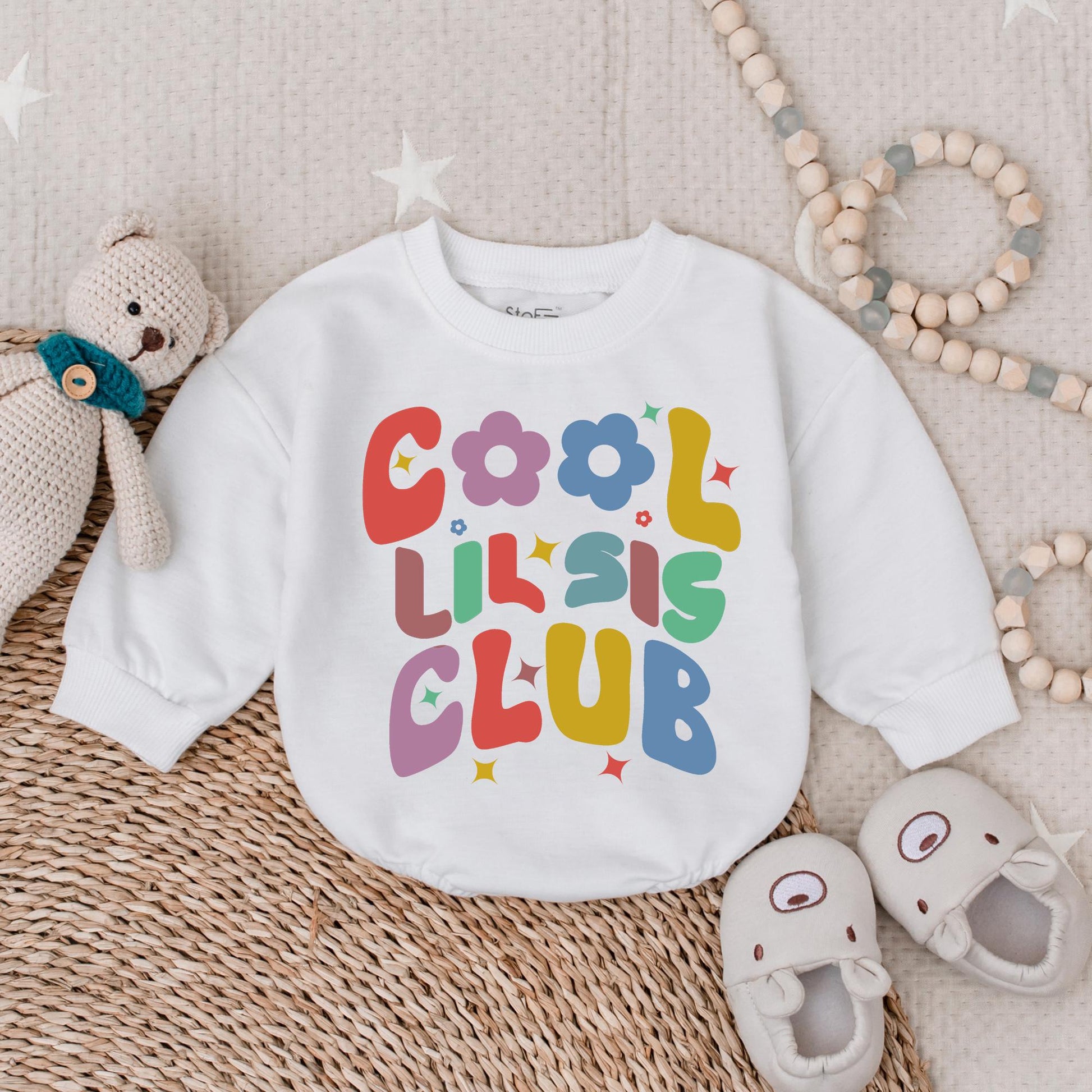 Cool Lil Sis Club Baby Romper with Floral Design - Little Sister Clothes Birthday Gift Baby Shower Gift for Newborn Girls, Bubble Romper Outfit