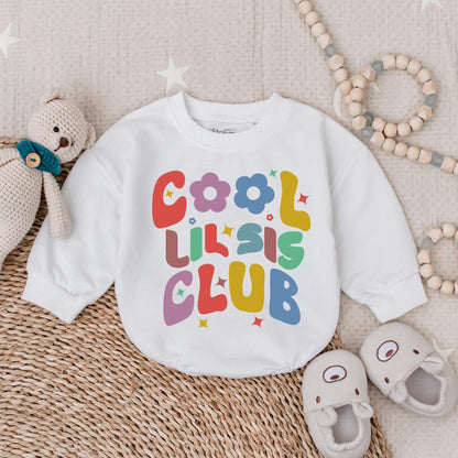 Cool Lil Sis Club Baby Romper with Floral Design - Little Sister Clothes Birthday Gift Baby Shower Gift for Newborn Girls, Bubble Romper Outfit