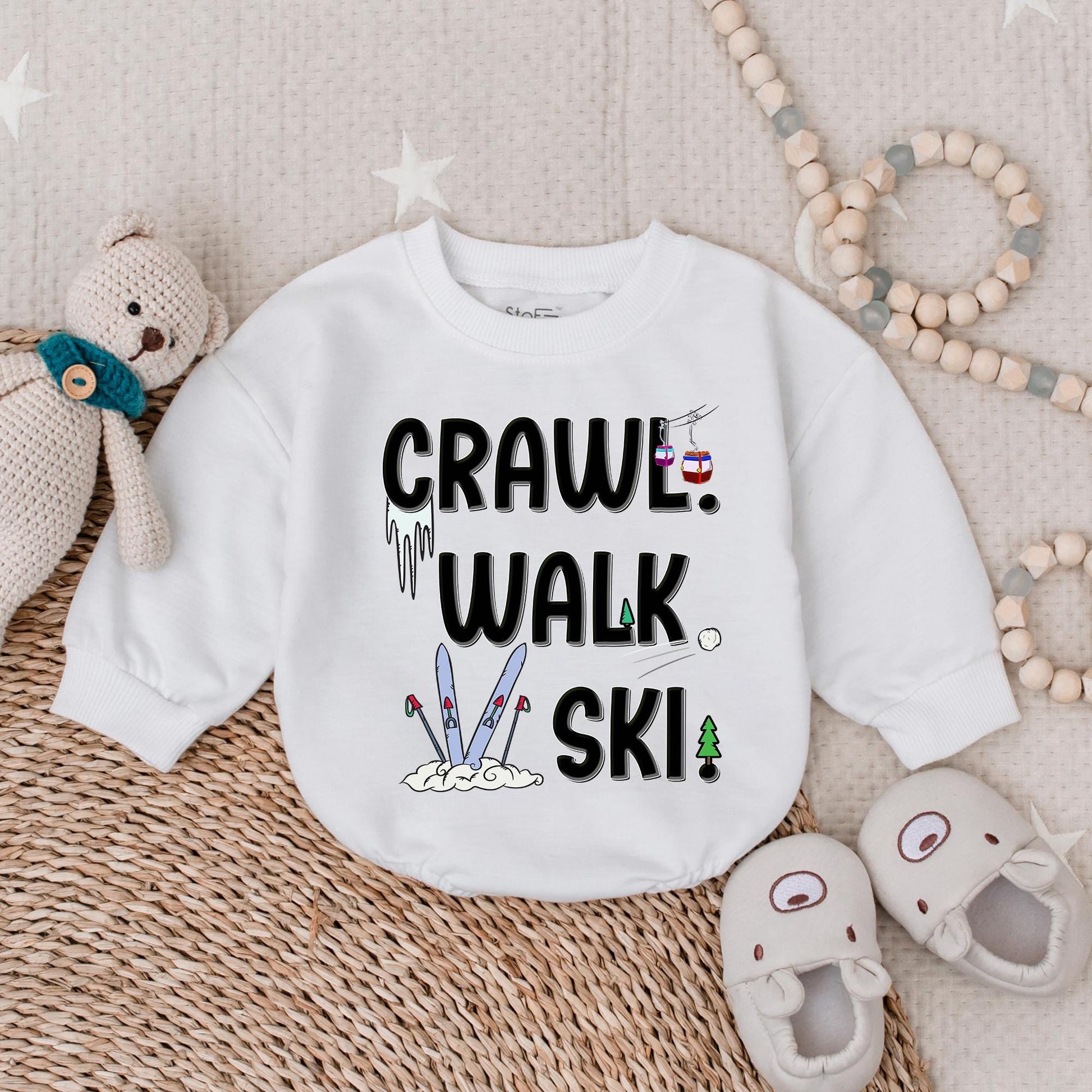 Crawl Walk Ski Baby Romper Sweatshirt – Funny Baby Skiing Outfit – Perfect for Winter – Customizable Baby Sweatshirt for Skiing Families