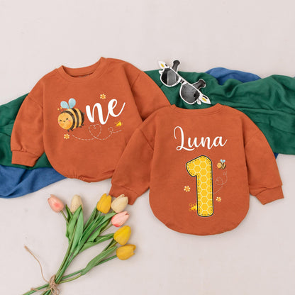 Sweet Bee First Birthday Romper, Personalized Bumble Bee Outfit, Custom Name 1st Bee Day Bodysuit, Infant Girl or Boy, Honey Bee Party Gift (140 chars)