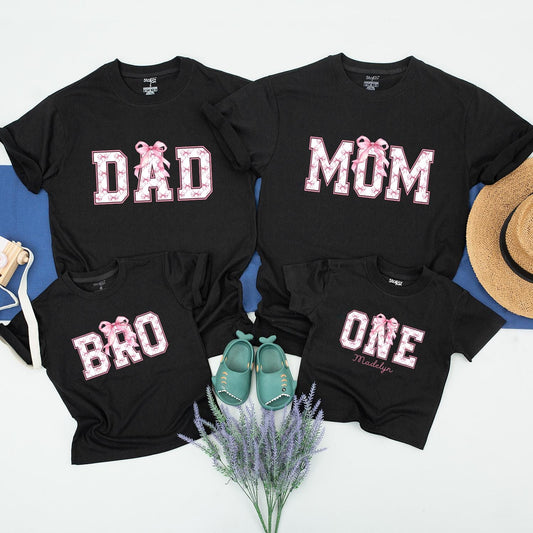 Adorable Pink Bow Matching Family Birthday Shirts for Mom Dad Sister First Birthday Outfit Cute Coquette Celebration