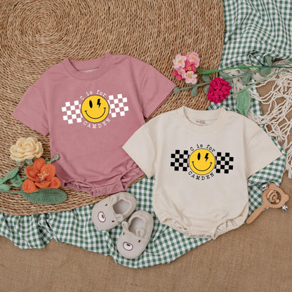Personalized Name Checkered Happy Dude Romper Baby Boy Clothes First Birthday Outfit Custom Baby Shower Gift