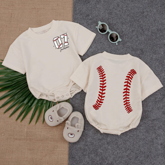 Custom Baseball Pocket Bubble Romper Personalized Number Baseball Lover Tee Baby Gift Game Day Outfit