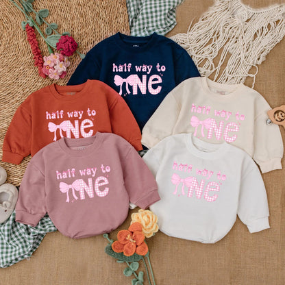 Personalized Pink Bow Half Birthday Girl Romper 6 Months Old Half Way to One Baby Bodysuit Outfit Cute Infant Gift