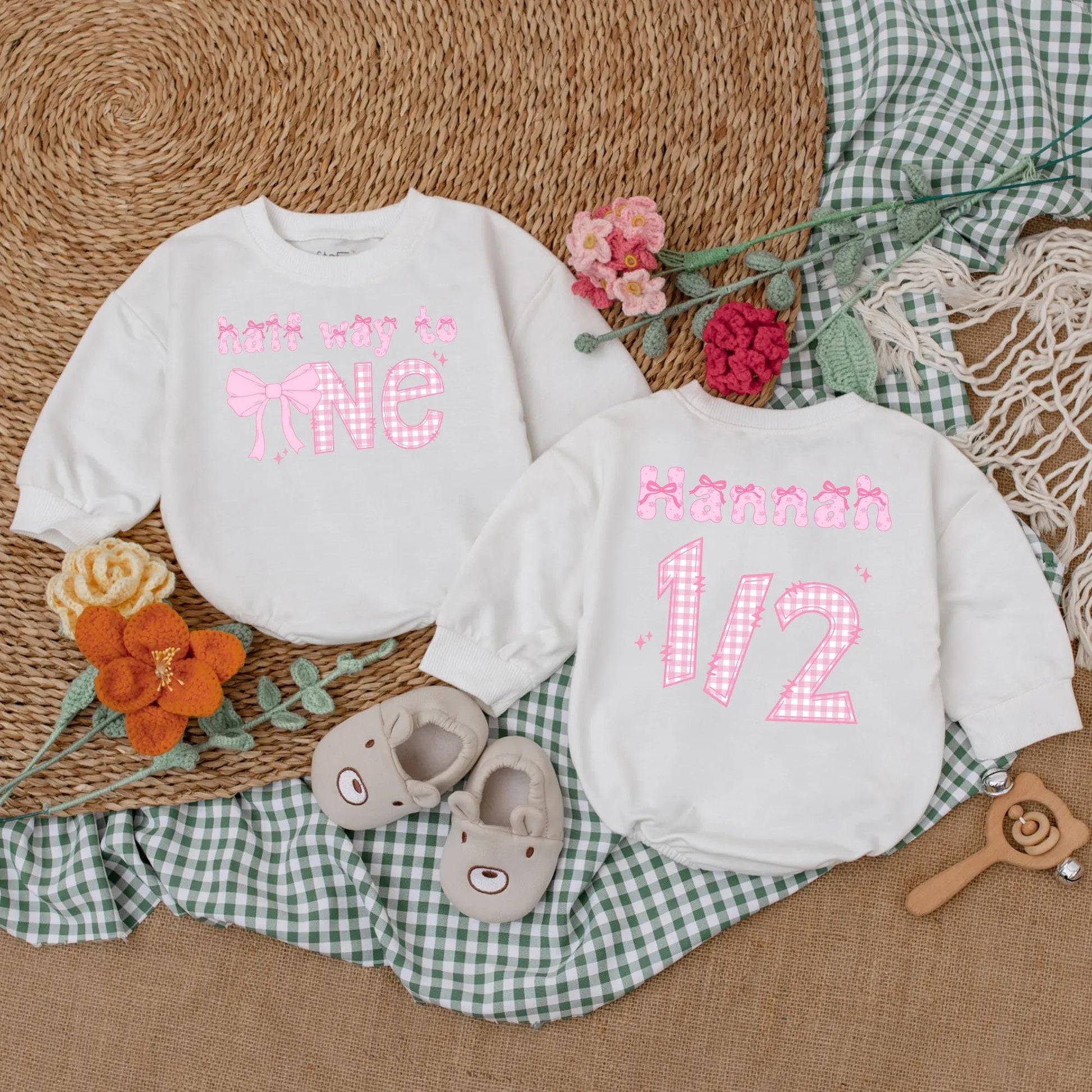 Personalized Pink Bow Half Birthday Girl Romper 6 Months Old Half Way to One Baby Bodysuit Outfit Cute Infant Gift