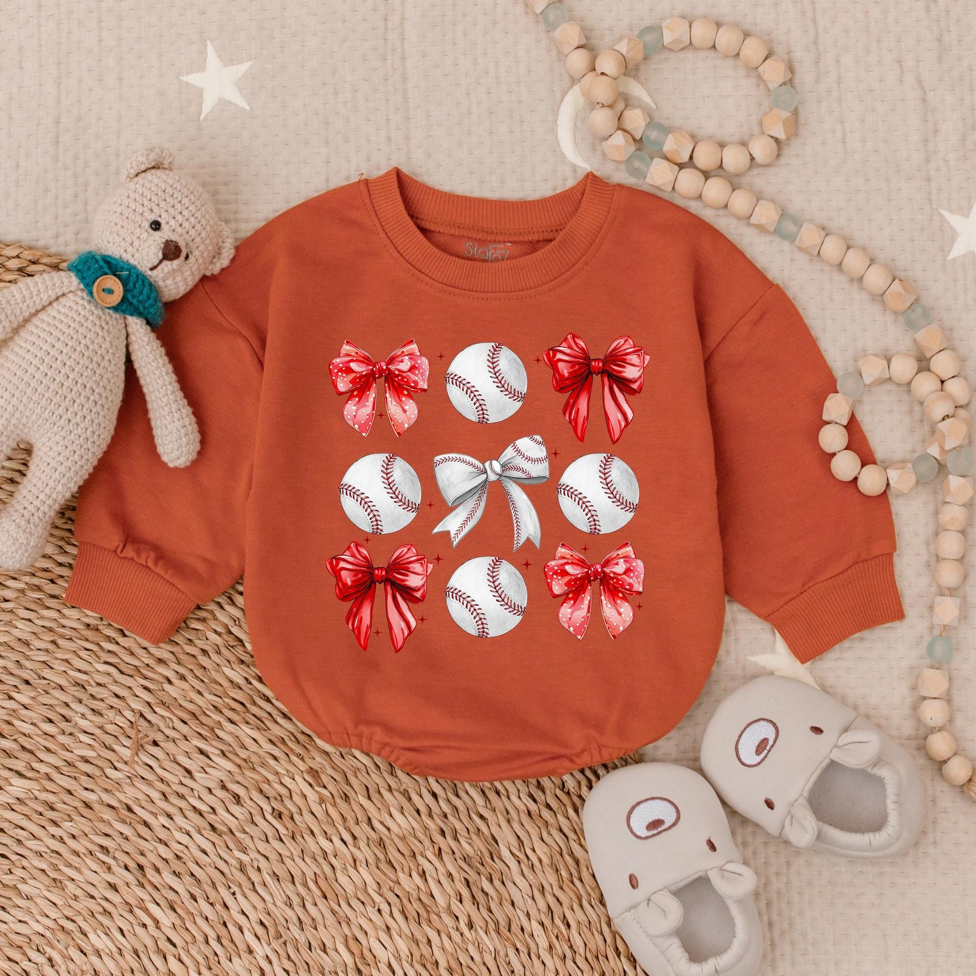 Vintage Baseball Bow Sweatshirt Romper Bodysuit for Baby Gameday Fun, Perfect Pregnancy Reveal or Shower Gift