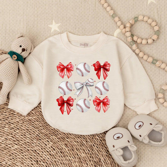 Vintage Baseball Bow Sweatshirt Romper Bodysuit for Baby Gameday Fun, Perfect Pregnancy Reveal or Shower Gift