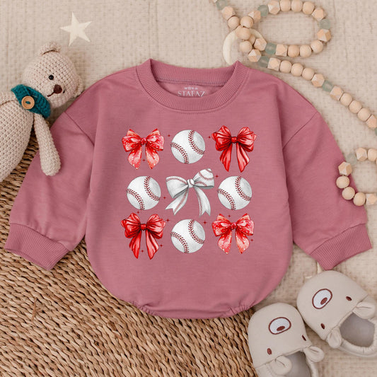 Vintage Baseball Bow Sweatshirt Romper Bodysuit for Baby Gameday Fun, Perfect Pregnancy Reveal or Shower Gift