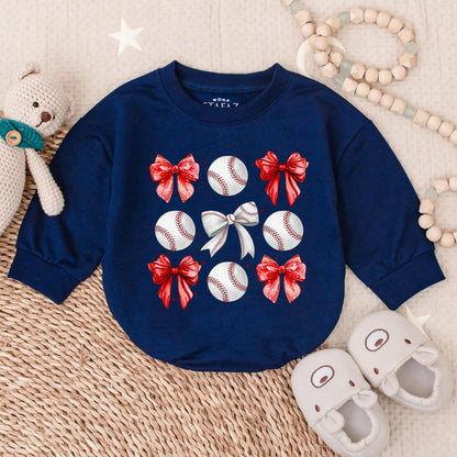 Vintage Baseball Bow Sweatshirt Romper Bodysuit for Baby Gameday Fun, Perfect Pregnancy Reveal or Shower Gift