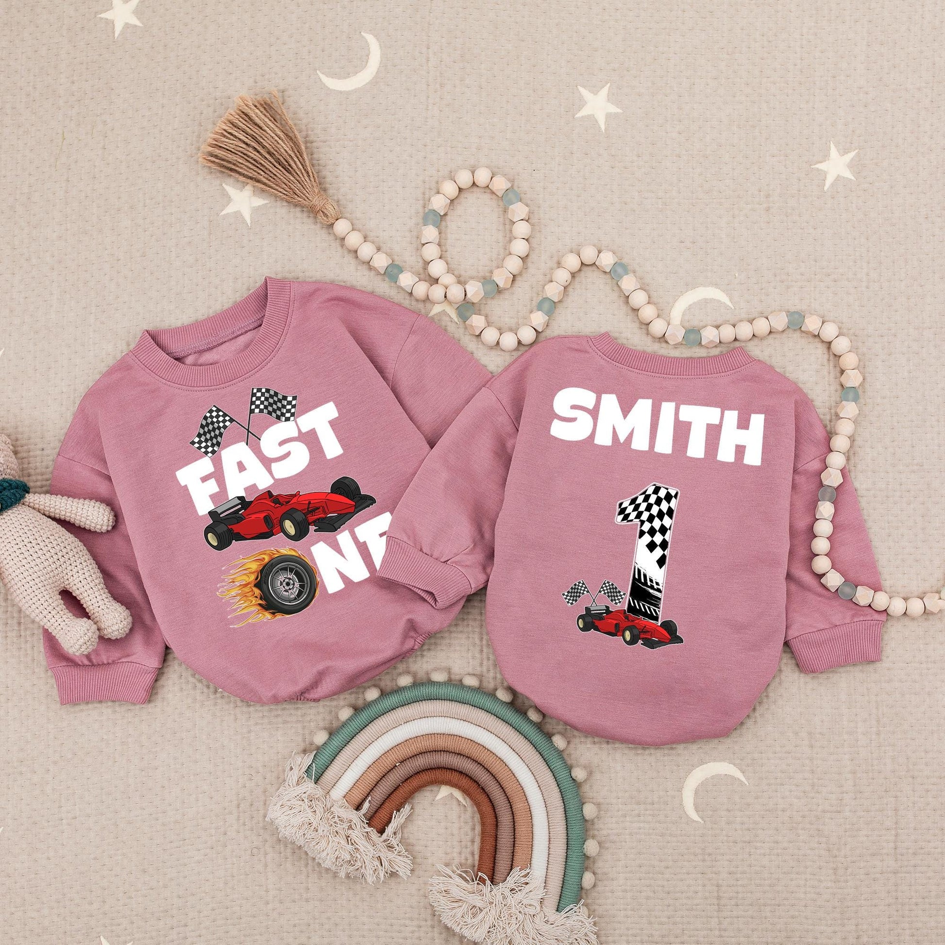 Fast One Racecar Birthday Romper Baby Boy First Birthday Bodysuit Cute Toddler 1st Birthday Outfit with Checkered Flags and Red Car Design