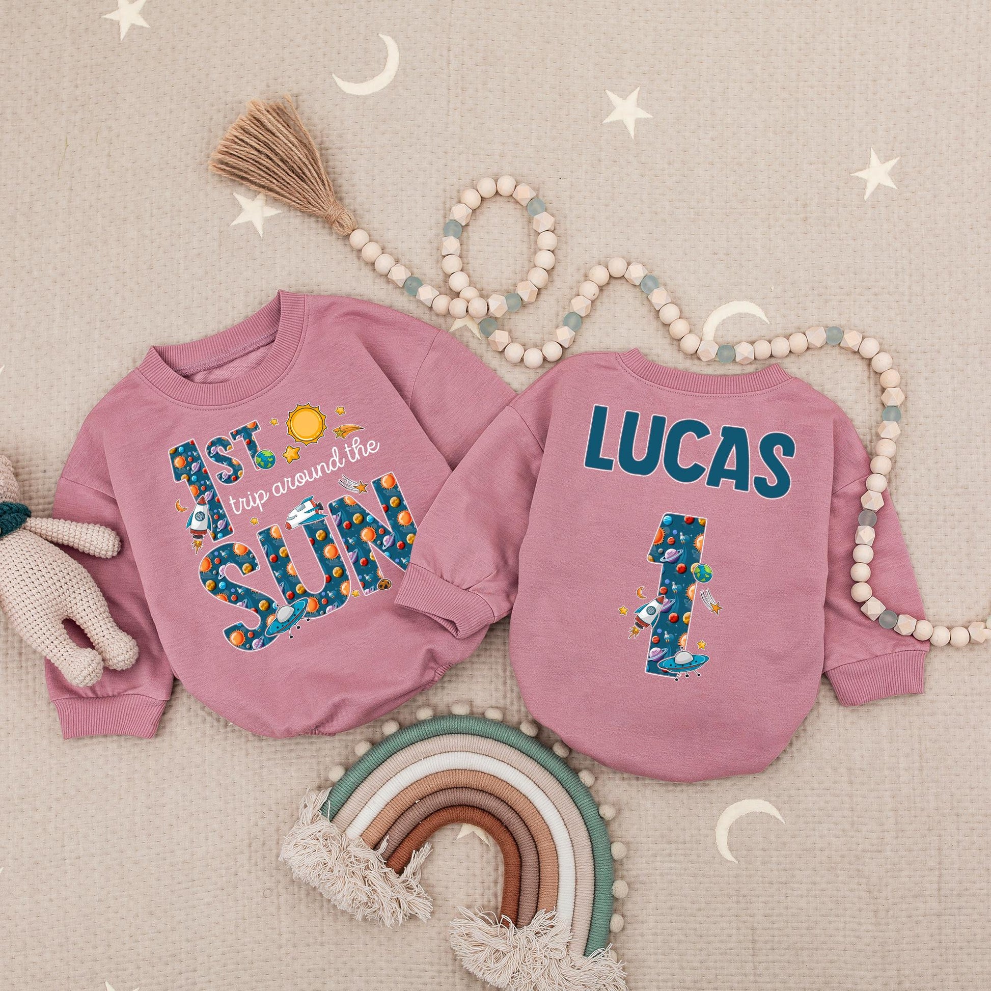 Outer Space "1ST Trip Around The SUN" Baby Romper, Lucas 1st Birthday Blast Off Party Suit, Planets Stars Spaceships Fun