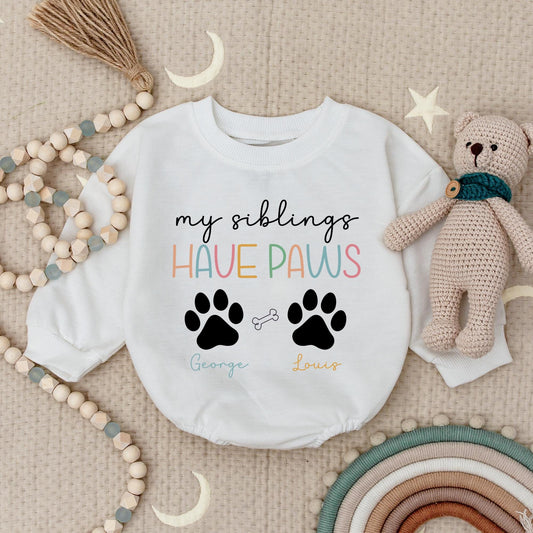 My Siblings Have Paws Personalized Baby Romper, Custom Dog Name Bodysuit for Little Pet Lovers, Cute Paw Print Baby Outfit, Adorable Dog Sibling Gift