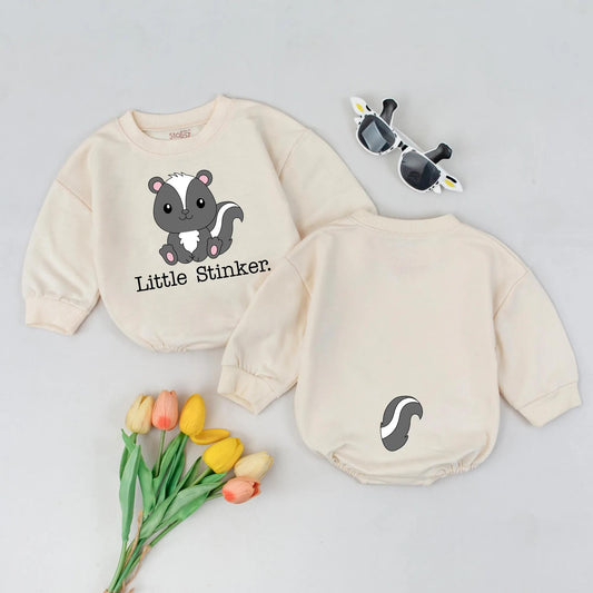 Funny Skunk Baby Bubble Romper 'Little Stinker' Outfit, Cute Animal Print Baby Clothes, Gender Neutral Gift, Newborn Romper