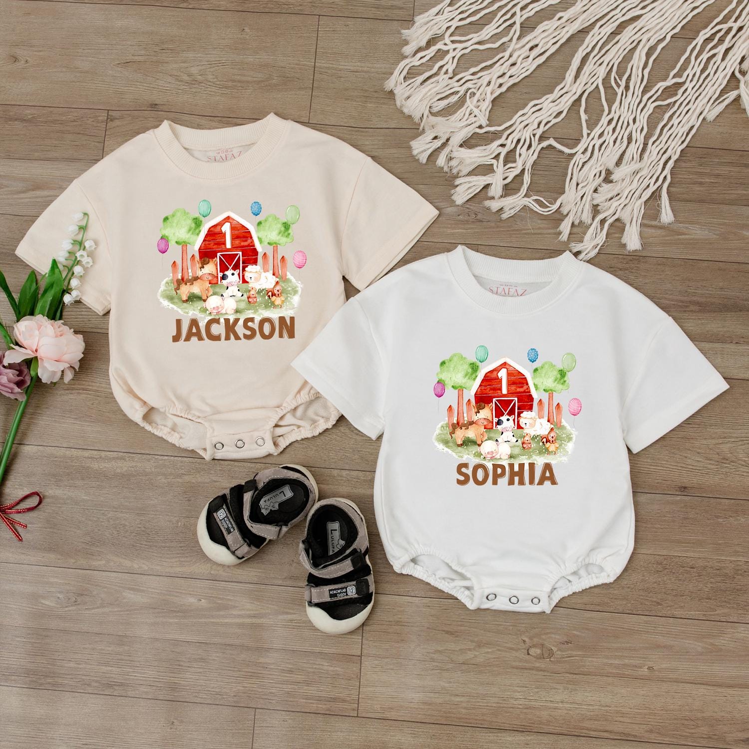 Farm Birthday Romper Baby First Birthday Outfit Barnyard Theme Personalized Animal Onesie Custom Baby Gift