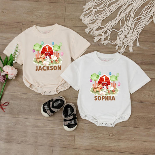 Farm Birthday Romper Baby First Birthday Outfit Barnyard Theme Personalized Animal Onesie Custom Baby Gift