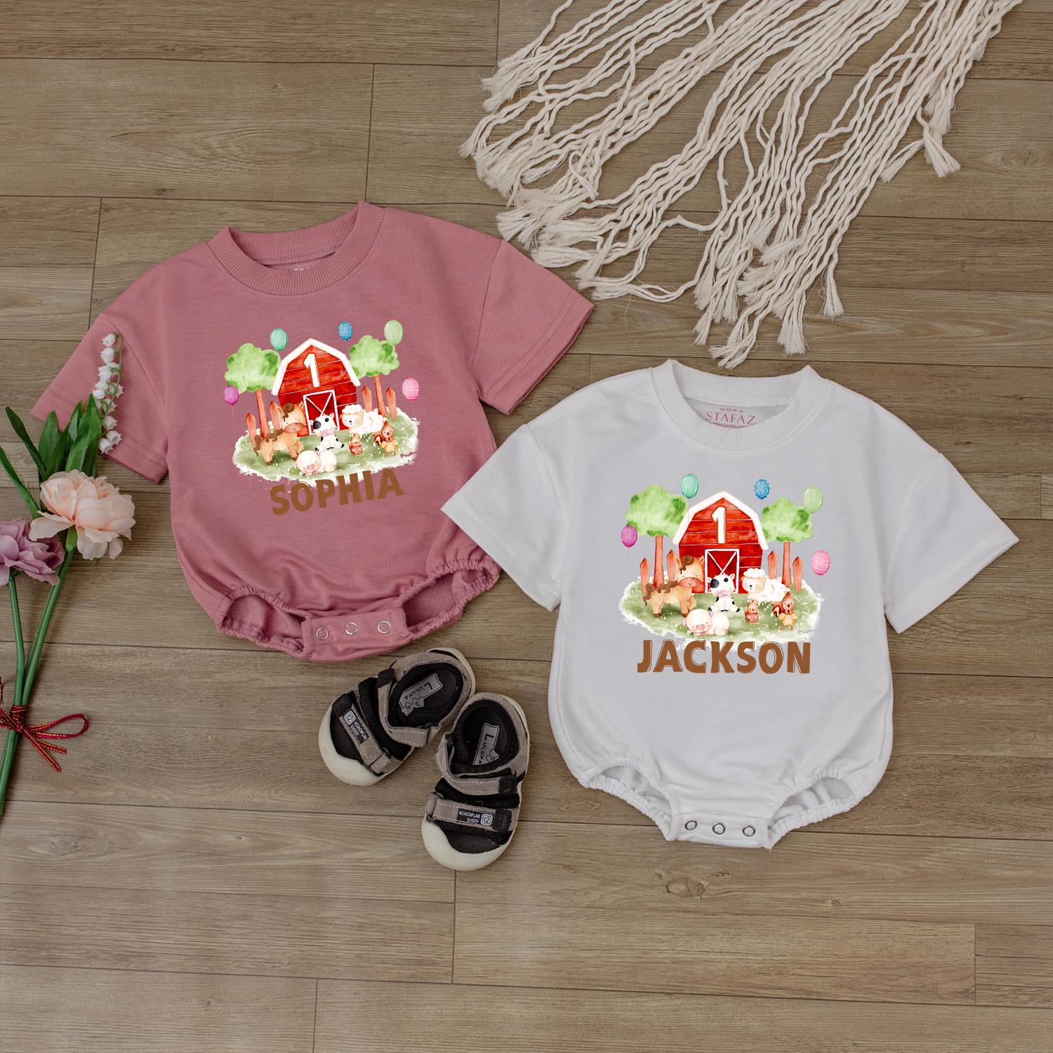 Farm Birthday Romper Baby First Birthday Outfit Barnyard Theme Personalized Animal Onesie Custom Baby Gift